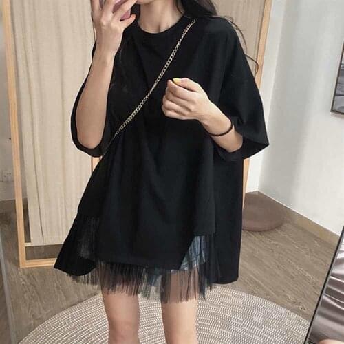 Plus Size 4XL Summer Tops for Women 2021 T-shirts Cotton Wide Sleeved Tops Solid Color White Black Splicing Tulle Top Party