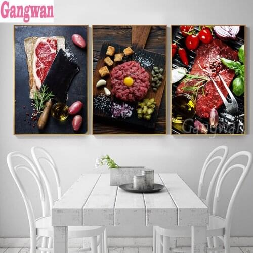 5d rhinestone Full square round diy 5d diamond painting Red Wine Steak 3 Pcs mosaic cross stitch diamond embroidery kitchen art