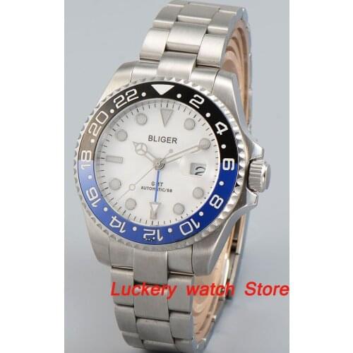Bliger 40mm white dial luminous saphire glass;black and blue Ceramic Bezel GMT Automatic movement mens watch-BA08