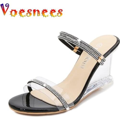 Voesnees Wedges Women Shoes Fashion Show 8cm Heels Transparent Crystal Sandals Thick Bottom Party Shoes One Word High Heel Shoes