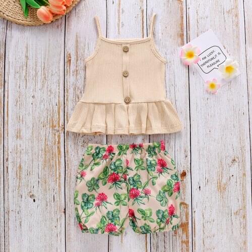 Girl Summer Two Piece Set Fashion Solid Color Button Ruffle Hem Suspender Tops and Elastic Waist Flower Printed Short Pants