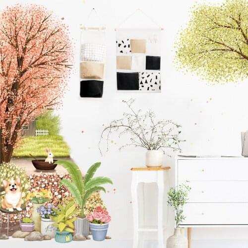 Cute Dog Wall Stickers Flower Tree Pet Store Wallpaper Children Bedroom Wall Decor Waterproof Kindergarten Room Decor Aesthetic