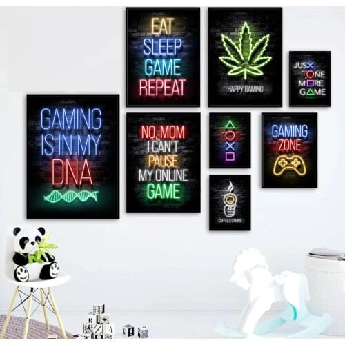 Neon Light Game Eat Sleep Quote Canvas Painting Video Gaming Posters and Prints Wall Art Picture for Playroom Wall Decor Cuadros