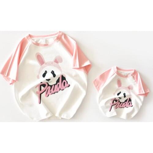 Lovely Panda Parent-child Clothes Raglan Sleeves Pink Short-sleeved T-shirt Mother and Daughter Clothes Woman Tshirts