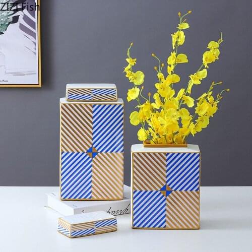 Painted Square Ceramic Storage Jar Vases Porcelain Candy Jars with Lid Dressing Table Cosmetic Containers Nordic Home Decor