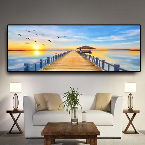 Landscape Art Morning Lake and Bridge Art Canvas Paintings Poster and Print Wall Art Pictures for Living Room Decor (No Frame)