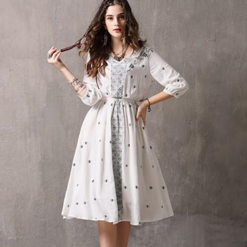 TEELYNN boho long dresses beige cotton ethnic Embroidery Autumn midi dress V-neck Elastic waist Gypsy women dresses vestidos