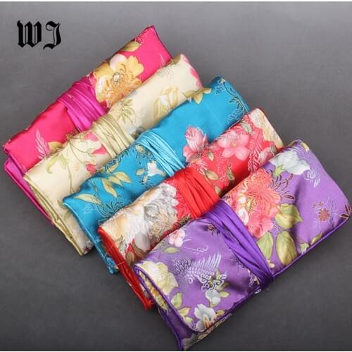 Portable Silk Cosmetic Set Jewelry Travel Rolls Pouch Gift Bag Coin Purse Vintage Embroidery Jewelry Organizer Handbag 3 Zippers