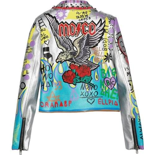 Tide Brand Bomber Leather Jacket For Women Clothing Embroiderey Graffiti Print Slim Outwear Street Punk Outerwear Casual Coat