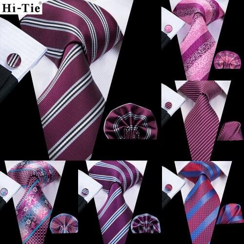 Hi-Tie Gift For Men Purple Striped Silk Wedding Tie For Men Hanky Cufflink Tie Set Business Party Dropshipping Fashion Designer