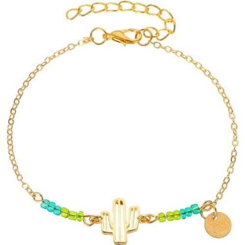 Simple Cute Cactus Plant Girl Metal Bracelet Creative Womens Beaded Gold Bracelet Accessories Fashion Party Jewelry Gift
