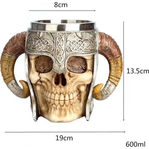 Retro Horn Skull Resin Beer Mug Stainless Steel Skull Knight Tankard Halloween Coffee Cup Viking Tea Mug Pub Bar Decoration