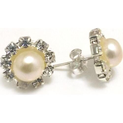 8-9mm Natural White Button Pearl Zirconia Stud 925 Sterling Silver Earring