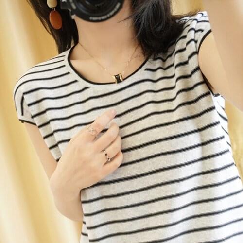 Sweater Womens 100% Pure Cotton Knitted Ladies Top Casual Large Size Striped Short Sleeve Knitwear crew Round neck pullover