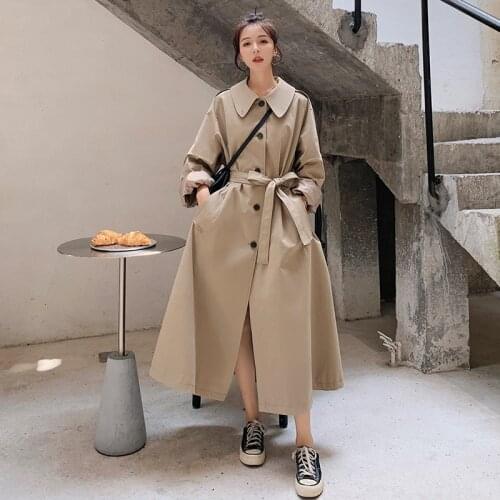 Womens Khaki Trench Coat2021Spring Autumn New Long Korean Fashion Loose Lapel Single-Breasted Solid Color Windbreaker Female L5