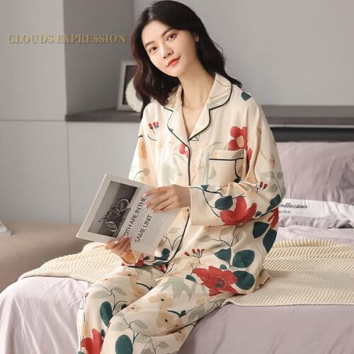 Spring Autumn Black Knitted Cotton Elegant Lady Women Pajama Sets Sleep&Lounge Chinese Style Pajamas Womens Fashion Clothing