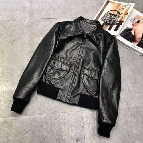 New 2021 Arrival Short Length Women Coat Spring And Autumn Aurora Leather Jacket High Quality Real Sheepskin Puff Sleeve