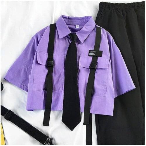 Vintage Blouse Women Oversized Streetwear Tomoy Style Patchwork Punk Girl Shirt Crop Top Hip Hop Casual Female Clothes