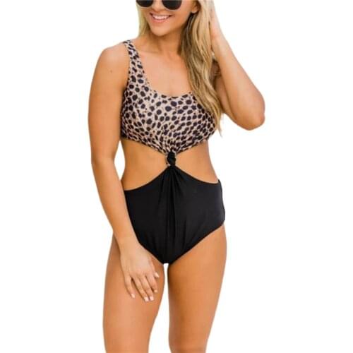 Women One Piece Cut Out Monokini Swimwear Sexy U Neck Open Back Leopard Patchwork Swimsuits Swimming Suit For Women