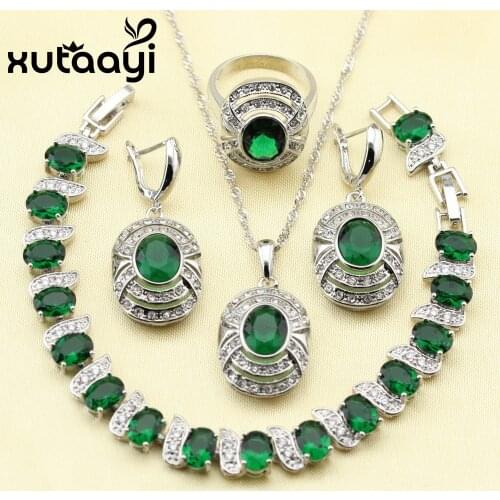 Cheerful Silver Overlay Women Jewelry Set Green Created Emerald Four Piece Sets Ring Necklace Pendant Bracelet Earring
