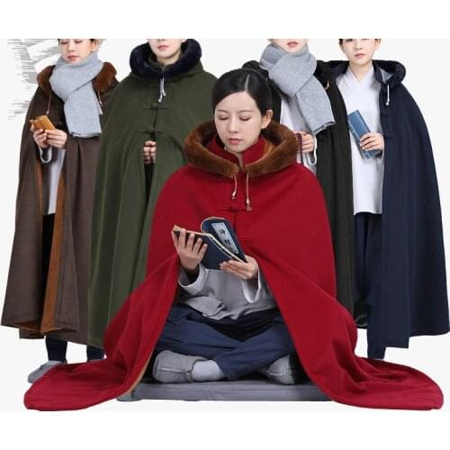 Unisex winter warm buddhist shaolin monk cape buddha prayer coat zen lay meditation cloak kung fu suits robe green/red/blue