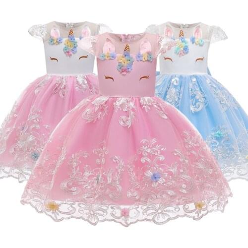 3 Style Cartoon Unicorn Girls Dress Cute Big Bow Flower Mesh Princess Dress Christmas Vestidos 2-8 Years Old Baby Girl Clothes