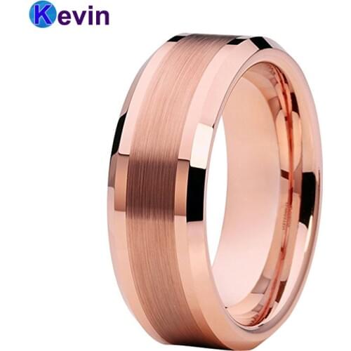 8MM Men Women Tungsten Ring Rose Gold Wedding Band With Center Brushed Polished Beveled Edges Comfort Fit