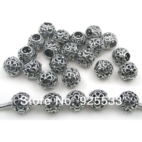 Free shipping 50pcs/lot big hole antique silver plated double flower metal beads fit European bracelet jewelry DIY