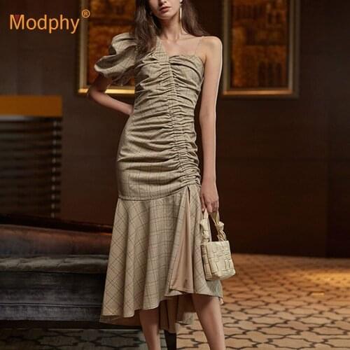 Elegant Retro Plaid Irregular Midi Long Dress Sexy One-Shoulder Pleated Bodycon Evening Party Dress 2020 Fashionable New Female