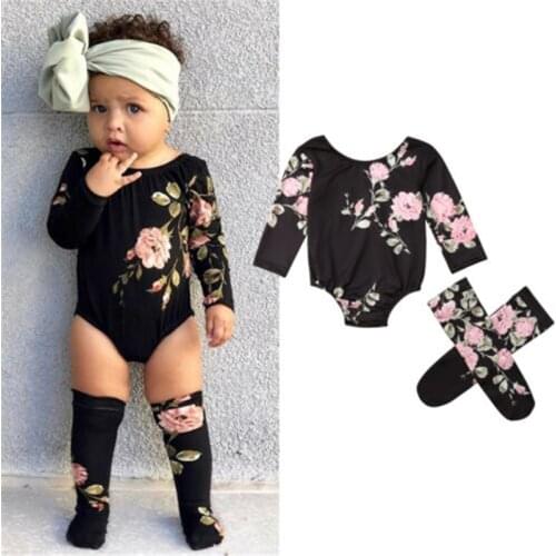 0-18 Months Baby Girls Clothes Set Long Sleeve Baby Rompers Black Floral Print Girls Bodysuits Baby Socks Newborn Child Baby Set