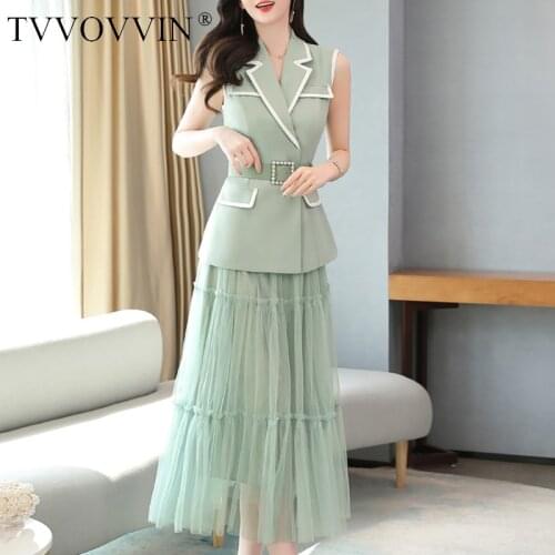 TVVOVVIN 2020 Turn-down Collar Sleeveless Contrast Colors Waist Belt Mesh Patchwork Suit Dress Two Pieces Summer Fashion EG9C