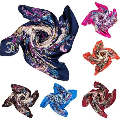 90x90cm Square Towel Imitated Silk Fabric Women Flower Print Head Wrap Scarf
