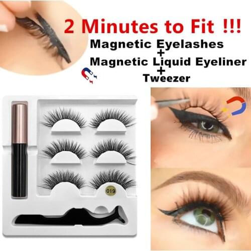 3 Pairs Magnetic Fake Eyelashes Extension Natural Eye Lashes Liquid Eyeliner + Magnetic False Eyelashes + Tweezer Set Tool