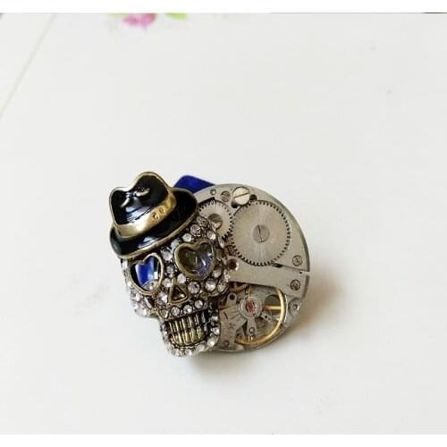 Textured Gentleman Skull Full Zirconia Mechanical Gear Watch Core Steampunk Brooch European And American Fashion Jewelry