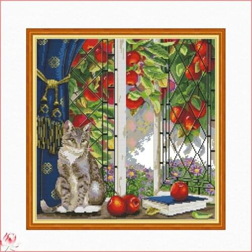 The Cat And Apples Patterns Counted 11CT 14CT DIY Cross Stitch Sets Chinese Cross-stitch Kits Embroidery Needlework Home Decor