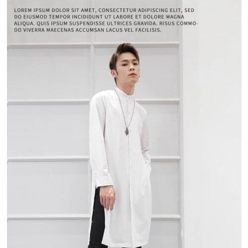 Stand collar shirt mens long sleeve slim trend long mens fashion Korean cool autumn super long split solid color simple