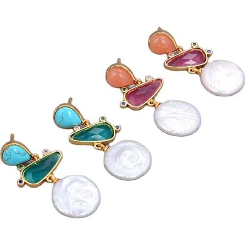 GG Jewelry Pink Aventurine Blue Turquoise White Coin Freshwater Pearl Red Green Crystal Dangle Stud Earrings