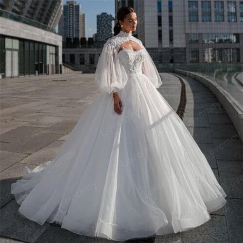 Saudi Arabia Luxury Princess Wedding Dresses 2021 High Neck Long Sleeves Lace Appliques Bridal Gown Lace Up Vestido De Noiva