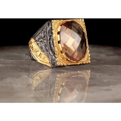 Citrine Gold Plated 925 Silver Engraved Traditional Handmade Turkish Signet Ring Best Craftmanship Jewelry Gift for Women Men