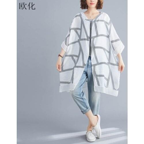 Women Summer Plus Size Jackets Coats Oversize Vintage Print Striped Lady Outerwear Loose Zipper Cardigan Windbreaker Thin 2020