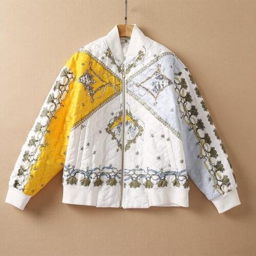 European and American womens autumn 2021 new Long sleeve vintage print Fashion zipper Cotton-padded jacket coat