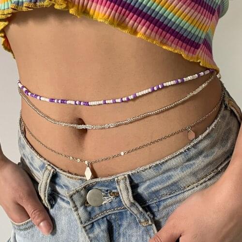 Vintage Boho Colorful Beaded Multilayer Chain Sexy Waist Chain Beach Party Jewelry Metal Copper sheet Body Belly Chain For Women