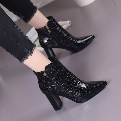 2020 Europe and America Womnes High Heeled Ankle Boots Autumn Shoes Female Snake Pattern Patent Leather Short Boot Black Brown