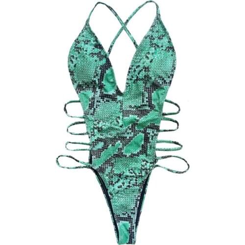 Quanss Women Snake Print Swimwear 2021 Sexy Backless Bathing Suit Summer Monikini Beachwear V Neck Bodysuit One Pieces Swimsuit
