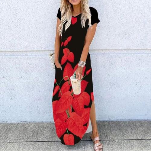 Plus Size 5XL Women Summer Long Dress Casual Short Sleeve Floral Flower Print Maxi Robe Dresses For Holiday Beach Wear Oversize
