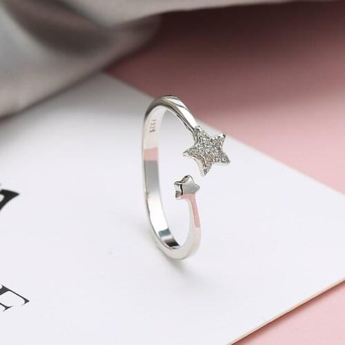 S925 Sterling Silver Inlaid Zirconic Crystals Star Ring Female Star Open Female Jewelry Girls Ring