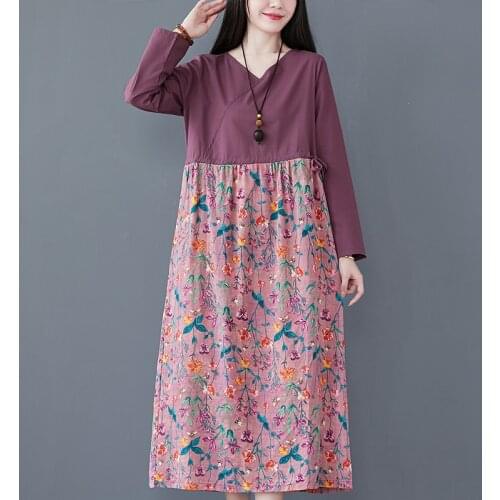 2021 New Fashion Autumn Dress V-neck Cotton Linen Loose Dress Print Floral Vintage Dress Patchwork Spring Women Casual Dress