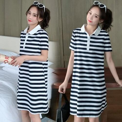 210# Maternity Dress Summer Cotton Stripe Turn Down Collar Short Sleeve Loose Stylish Dress for Pregnant Women Mom Dress