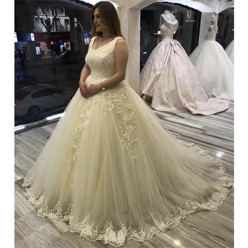 ANGELSBRIDEP V-Neck Ball Gown Wedding Dress Robe De Mariee Luxury Applique Beaded Tulle Formal Bridal Gowns Custom Made Train