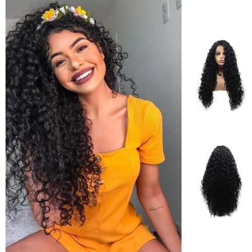 Black Long Synthetic Lace Front Wig for Women Heat Resistant Side Part Loose Curly Baby Hair Around Natural Black Wigs 24 Inch
